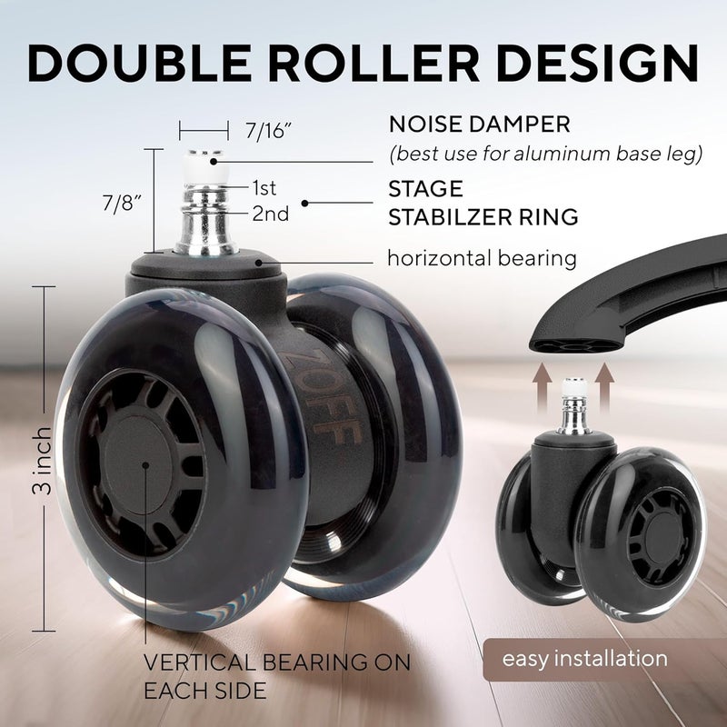ZOFF Double Rollerblade Office Chair Wheels - 3 inch - Replacement Rubber Chair Casters - Smooth & Quiet Rolling - Easy Installation - Safe for Hardwood Floors & Carpet - Universal Fit - Set of 5 - Image 2